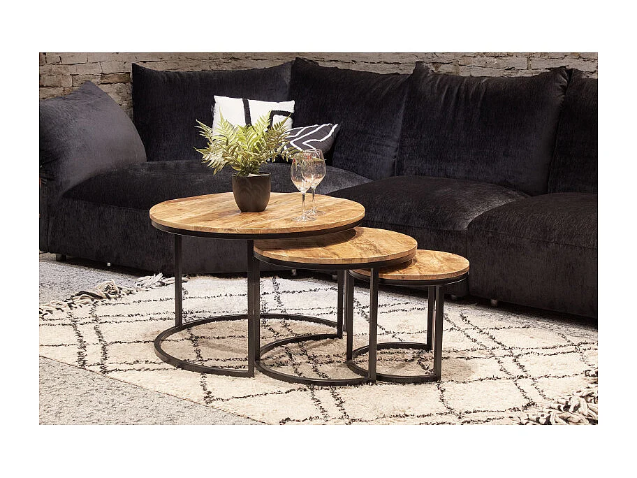 3 tables basses gigognes rondes bois de manguier pieds métal - MANHO