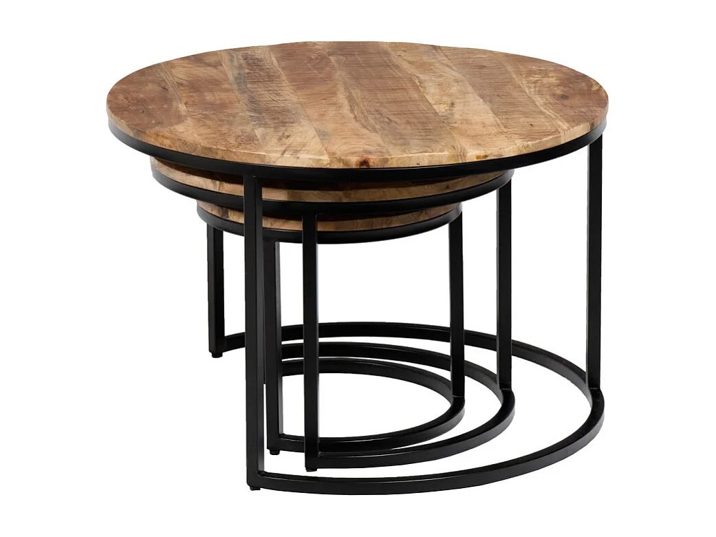 3 tables basses gigognes rondes bois de manguier pieds métal - MANHO