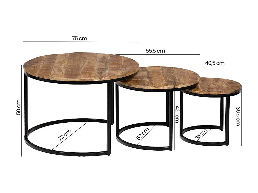 3 tables basses gigognes rondes bois de manguier pieds métal - MANHO