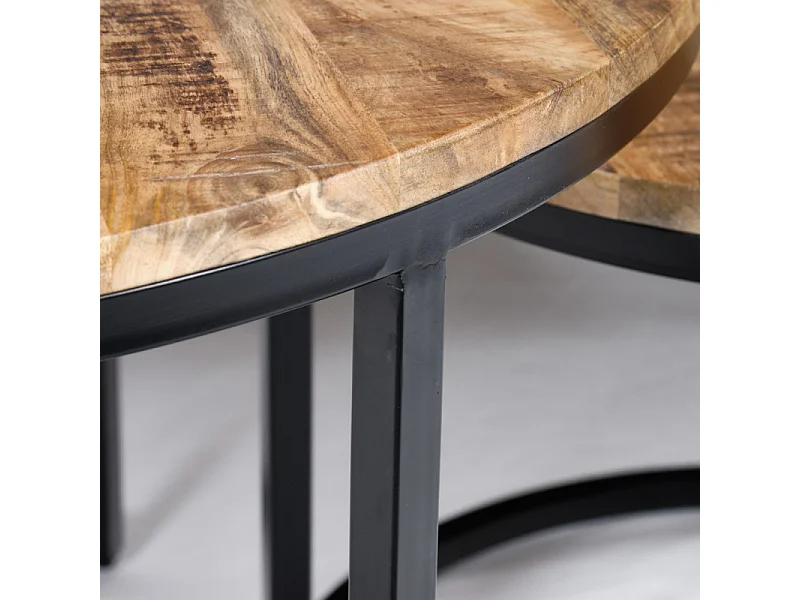 3 tables basses gigognes rondes bois de manguier pieds métal - MANHO