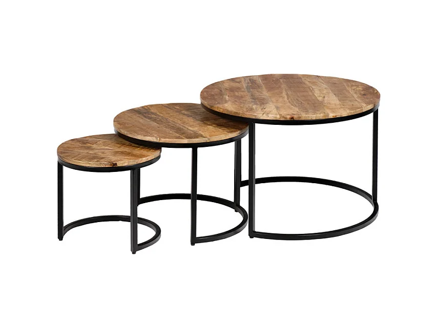 3 tables basses gigognes rondes bois de manguier pieds métal - MANHO