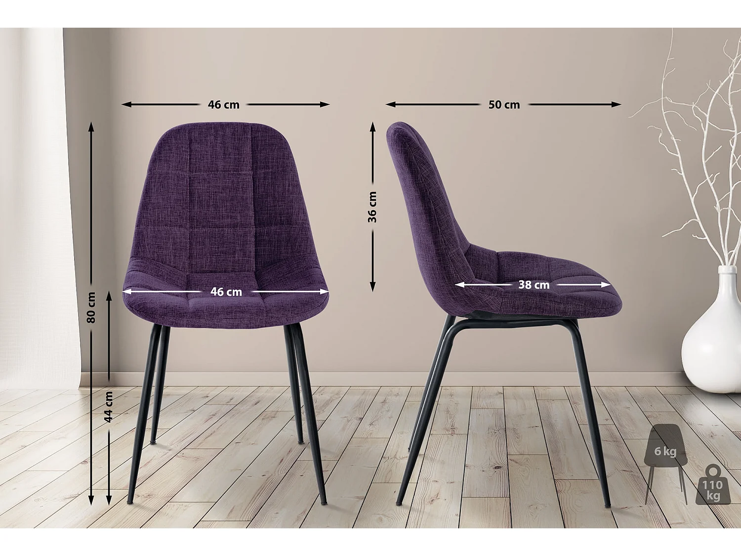 chaise salle à manger - Tissu & Métal noir mat - Violet - Tom