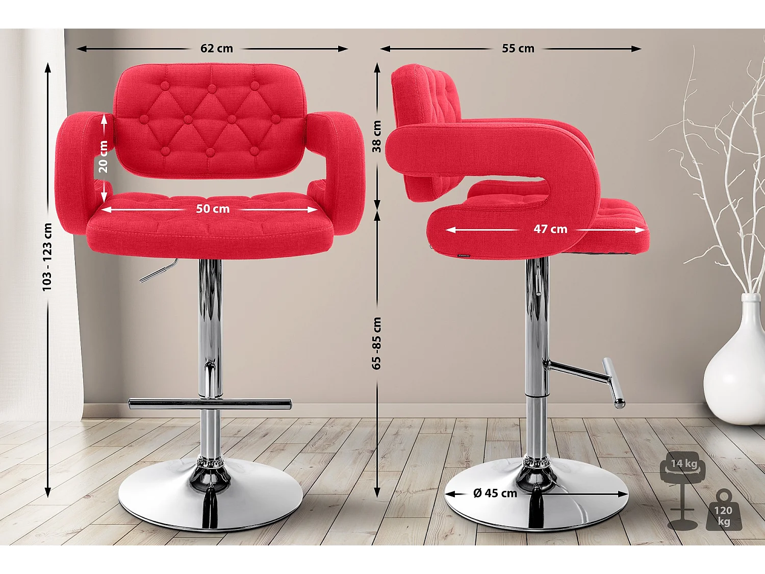 Tabouret de bar - Tissu & Métal - Rouge clair - Dublin