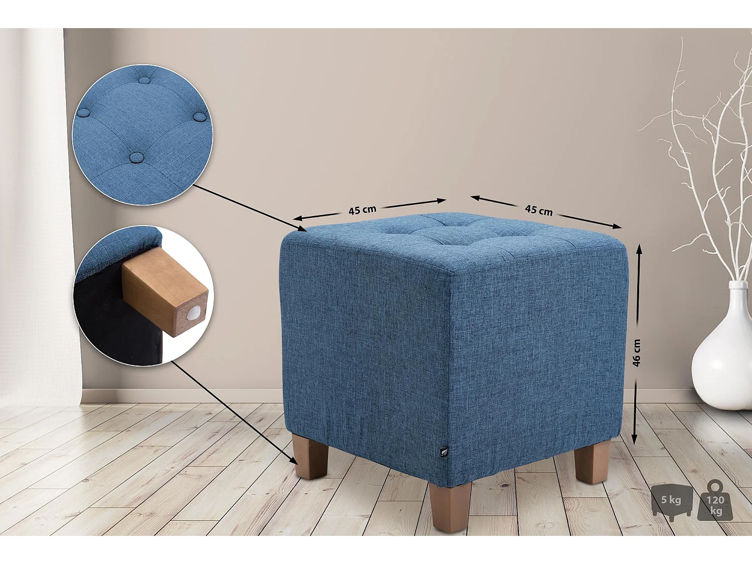 Tabouret - Tissu & Bois - Bleu - Pharao