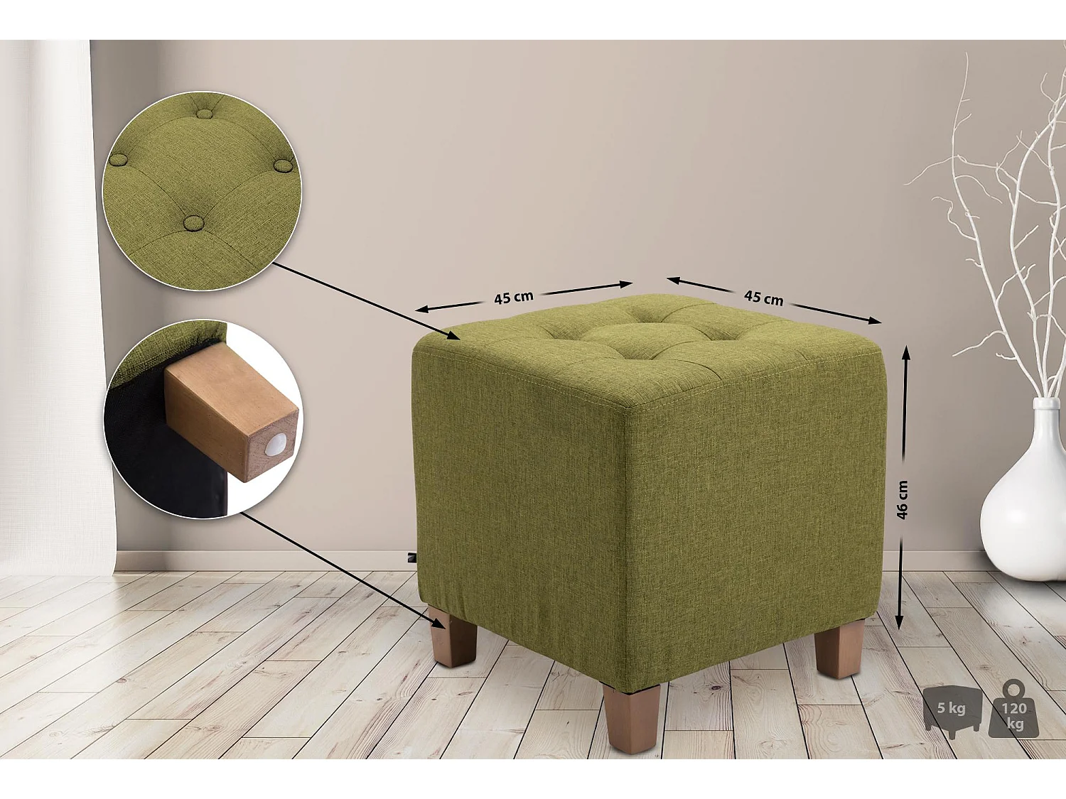 Tabouret - Tissu & Bois - Vert - Pharao