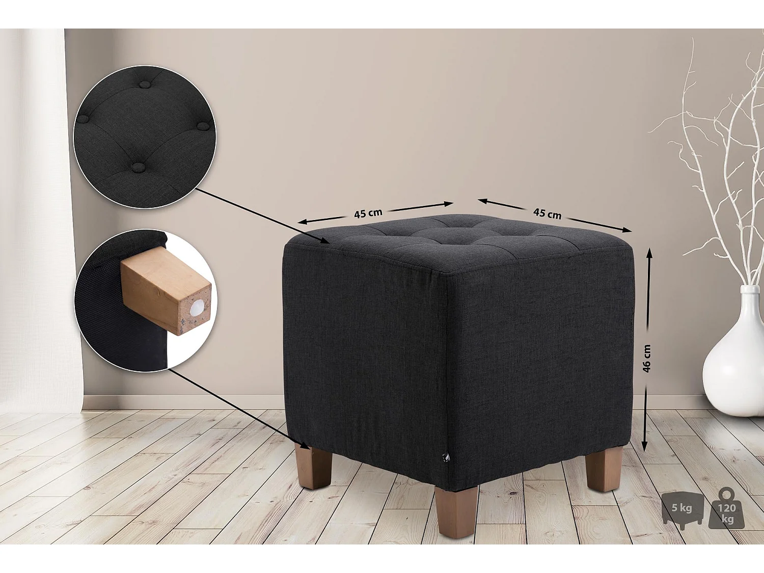 Tabouret - Tissu & Bois - Noir - Pharao