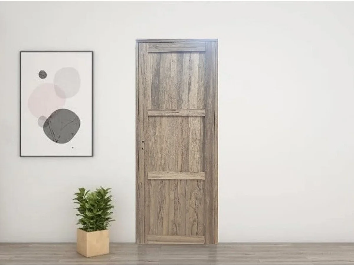 Bloc Porte Frake 3 Panneaux H204 X L73 Poussant Droite Cotes Tableau + Poignee Gd Menuiseries