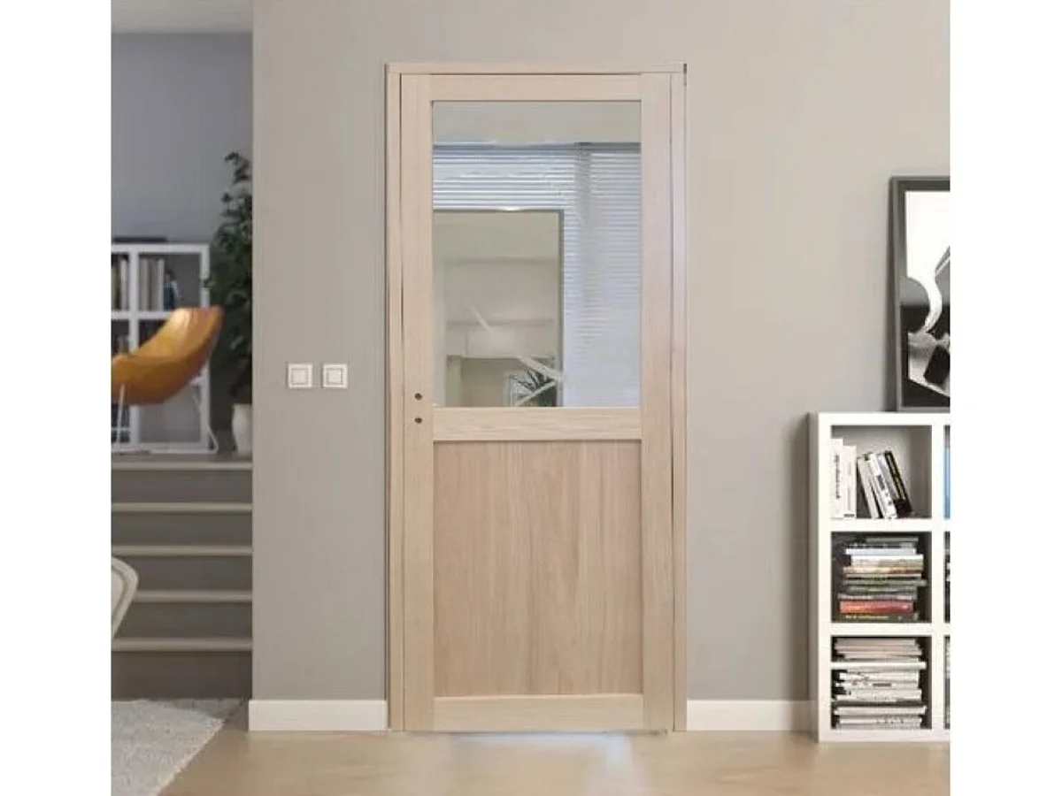 Bloc Porte Atelier Placage Chene H204 X L73 Poussant Droite Cotes Tableau + Poignee Gd Menuiseries