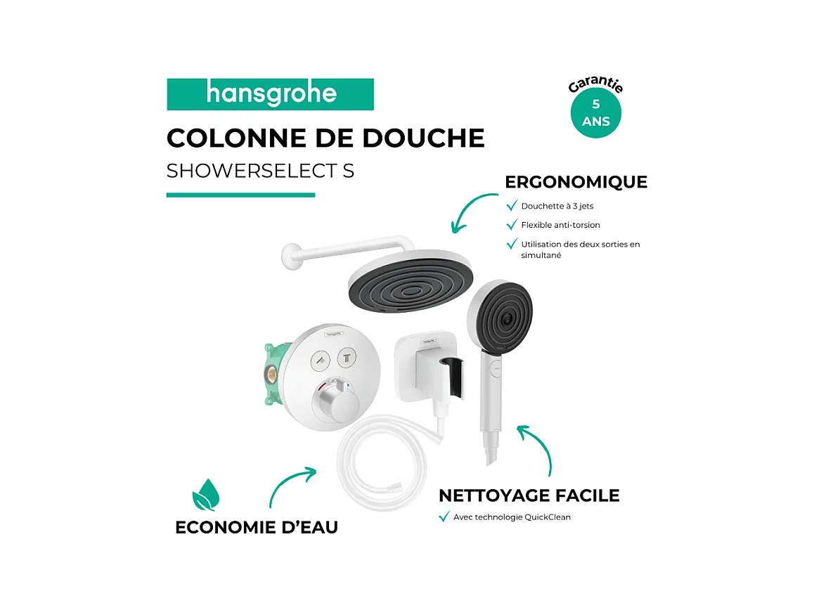 Colonne de douche encastrée thermostatique HANSGROHE ShowerSelect S Douche Pulsify Flexible Isiflex Douchette Pulsify blanc