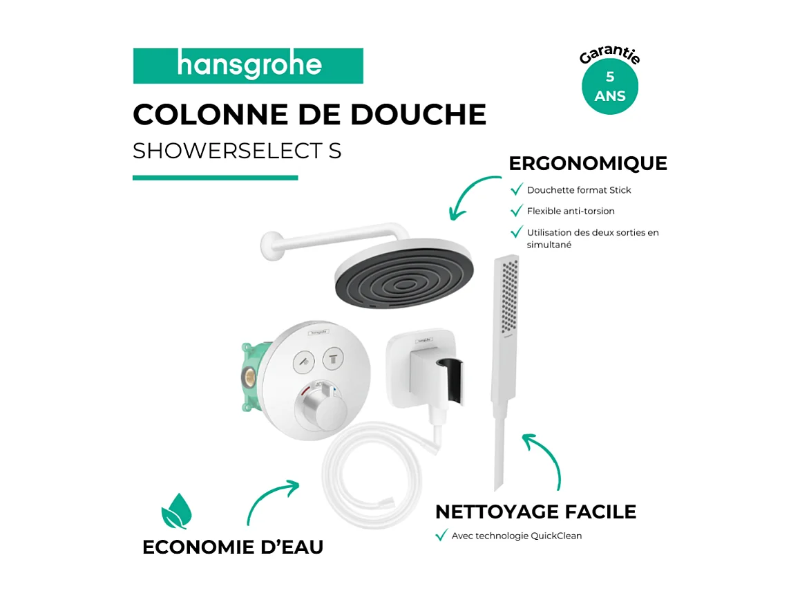 Colonne de douche encastrée thermostatique HANSGROHE ShowerSelect S Douche Pulsify Flexible Isiflex Douchette Pulsify E  blanc