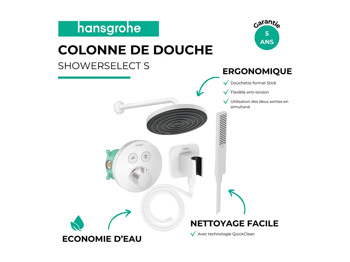 Colonne de douche encastrée thermostatique HANSGROHE ShowerSelect S Douche Pulsify Flexible Isiflex Douchette Pulsify E  blanc