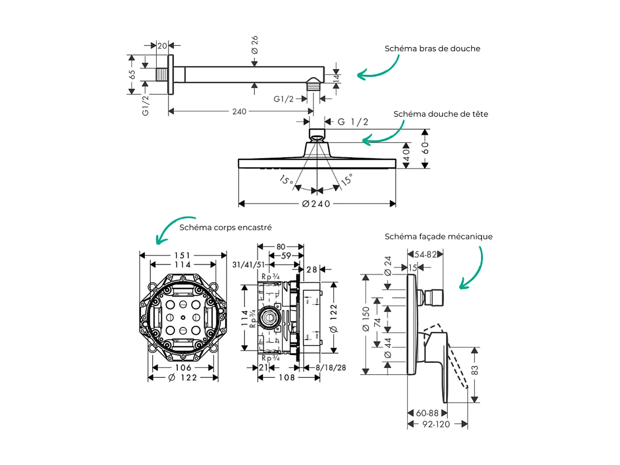 Colonne de douche encastrée mécanique HANSGROHE Vernis Blend Douche de tête Crometta Flexible Designflex Douchette Pulsify chromé