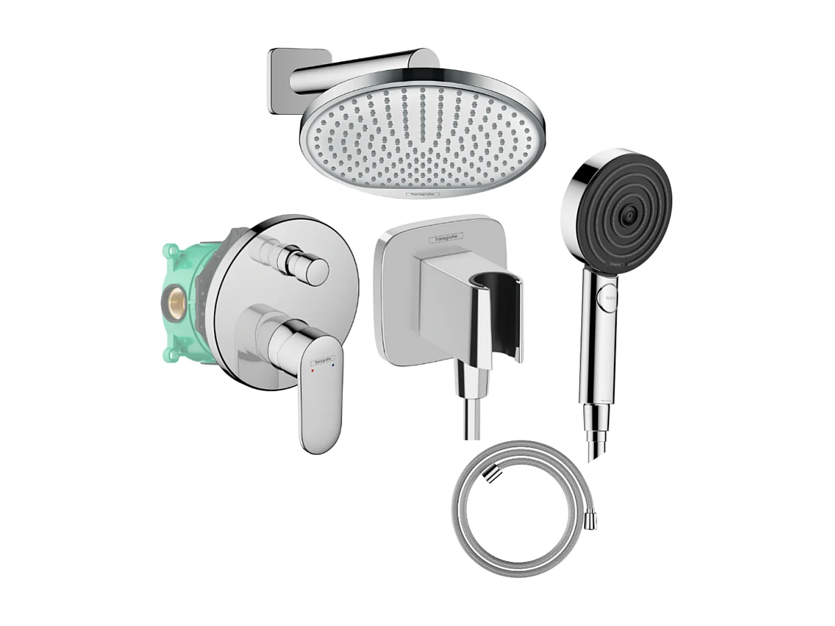 Colonne de douche encastrée mécanique HANSGROHE Vernis Blend Douche de tête Crometta Flexible Designflex Douchette Pulsify chromé