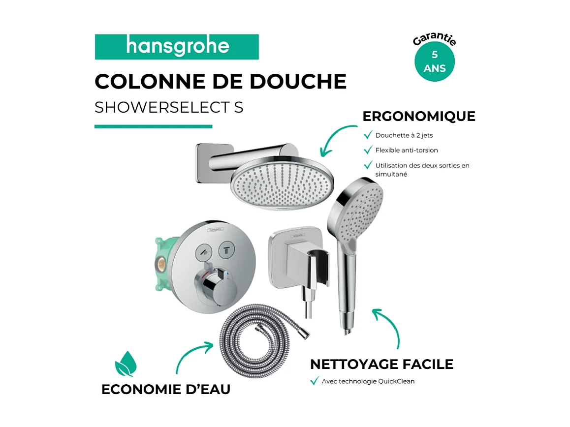 Colonne de douche encastrée thermostatique HANSGROHE ShowerSelect S Douche Crometta Flexible Metaflex Douchette Vernis B chromé