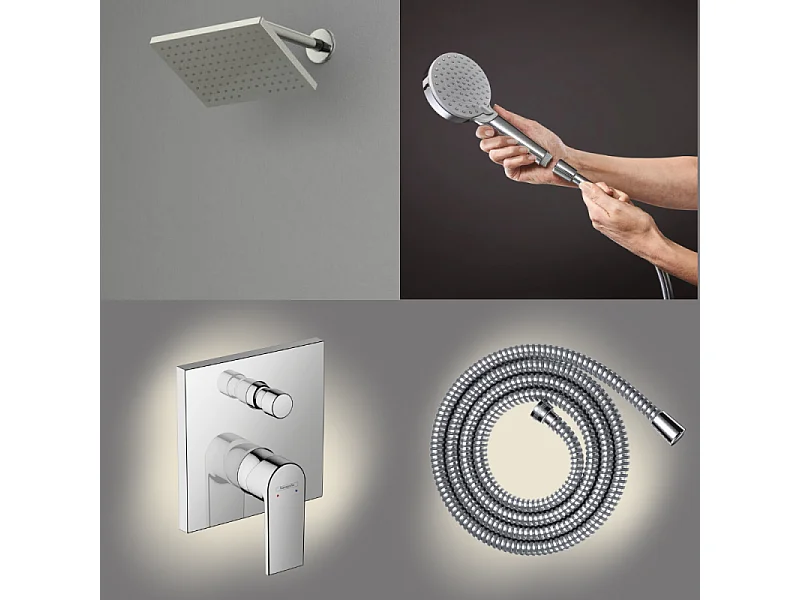 Colonne de douche mécanique HANSGROHE Vernis Shape Douche de tête Vernis Shape Flexible Métaflex Douchette Vernis Blend chromé