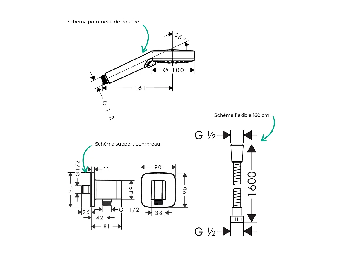 Colonne de douche mécanique HANSGROHE Vernis Shape Douche de tête Vernis Shape Flexible Métaflex Douchette Vernis Blend chromé