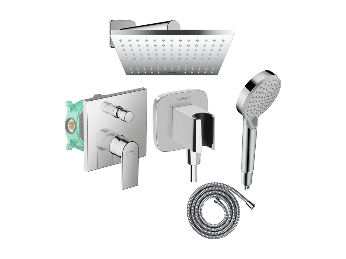 Colonne de douche mécanique HANSGROHE Vernis Shape Douche de tête Vernis Shape Flexible Métaflex Douchette Vernis Blend chromé