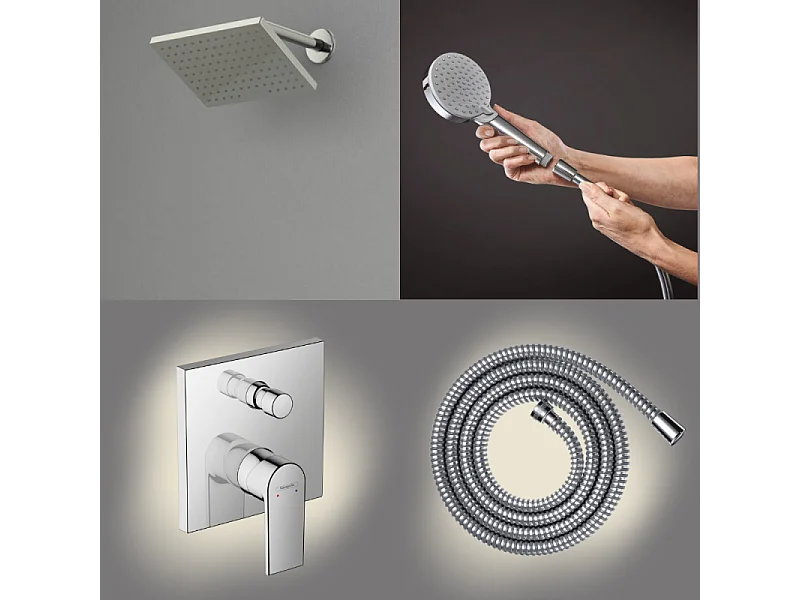 Colonne de douche mécanique HANSGROHE Vernis Shape Douche de tête Vernis Shape Flexible Métaflex Douchette Vernis Blend chromé