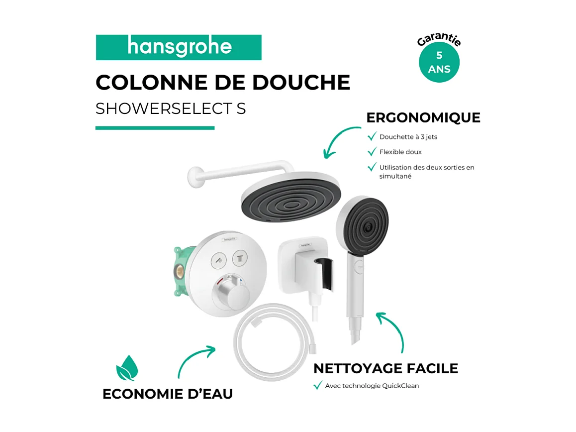 Colonne de douche encastrée thermostatique HANSGROHE ShowerSelect S Douche Pulsify Flexible Designflex Douchette Pulsify blanc