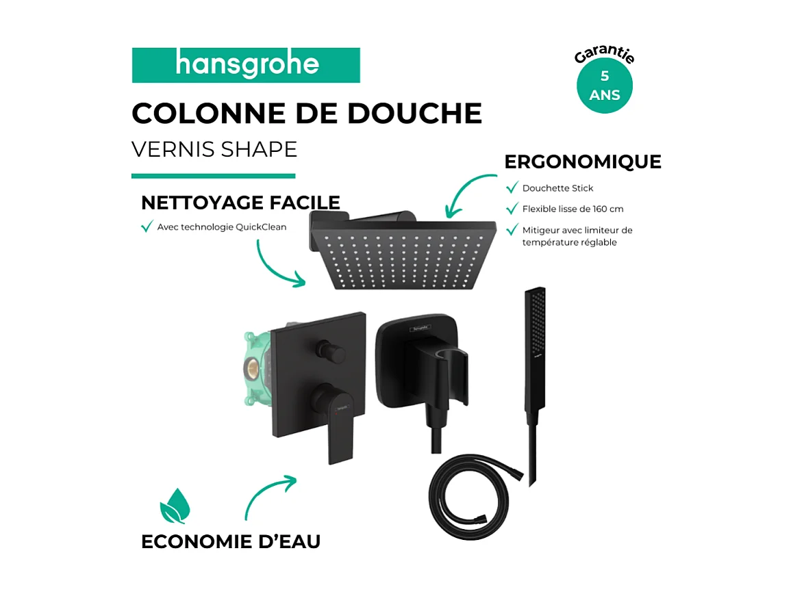 Colonne de douche encastrée mécanique HANSGROHE Vernis Shape Douche de tête Vernis Shape Flexible Isiflex Douchette PulsifyE noir