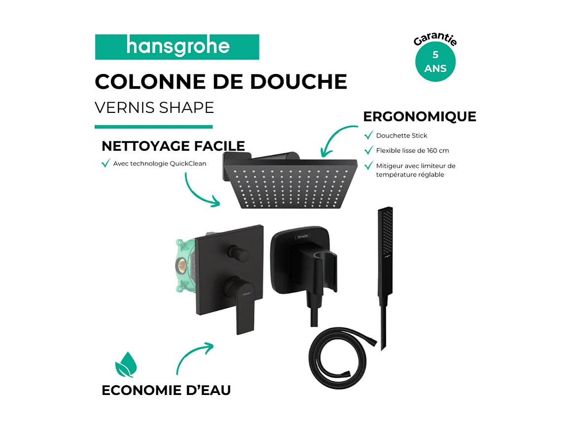 Colonne de douche encastrée mécanique HANSGROHE Vernis Shape Douche de tête Vernis Shape Flexible Isiflex Douchette PulsifyE noir