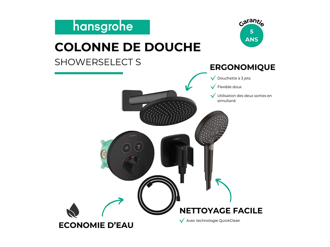 Colonne de douche encastrée thermostatique HANSGROHE ShowerSelect S Douche Vernis S Flexible Designflex Douchette Raindance S noir