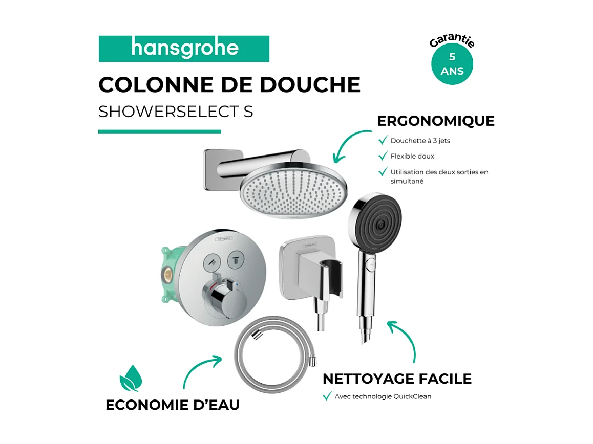 Colonne de douche encastrée thermostatique HANSGROHE ShowerSelect S Douche Crometta S Flexible Designflex Douchette Pulsify chromé