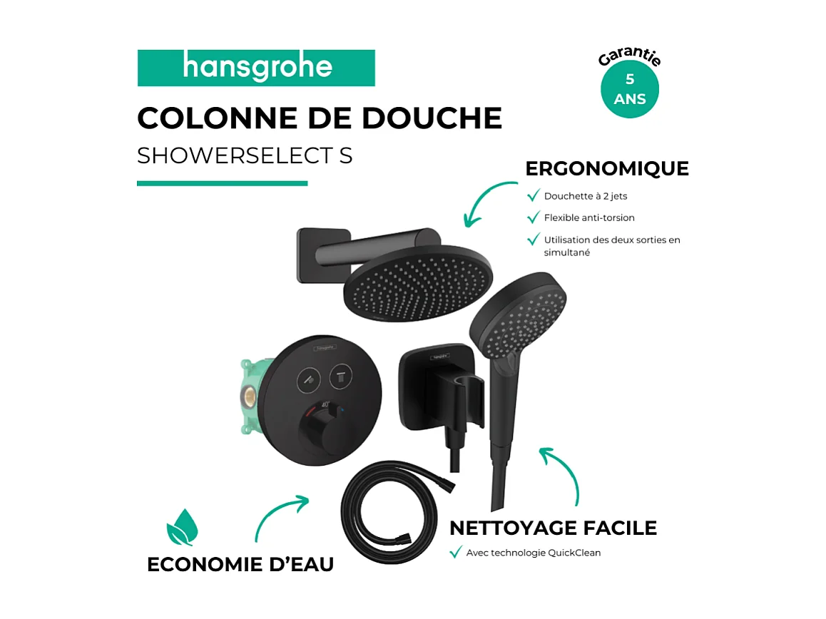 Colonne de douche encastrée thermostatique HANSGROHE ShowerSelect S Douche Vernis S Flexible Isiflex Douchette Vernis Blend noir