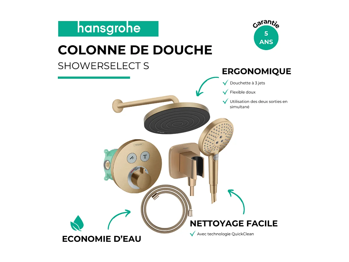 Colonne de douche encastrée thermostatique HANSGROHE ShowerSelect S Douche Pulsify Flexible Designflex Douchette RaindanceS bronze