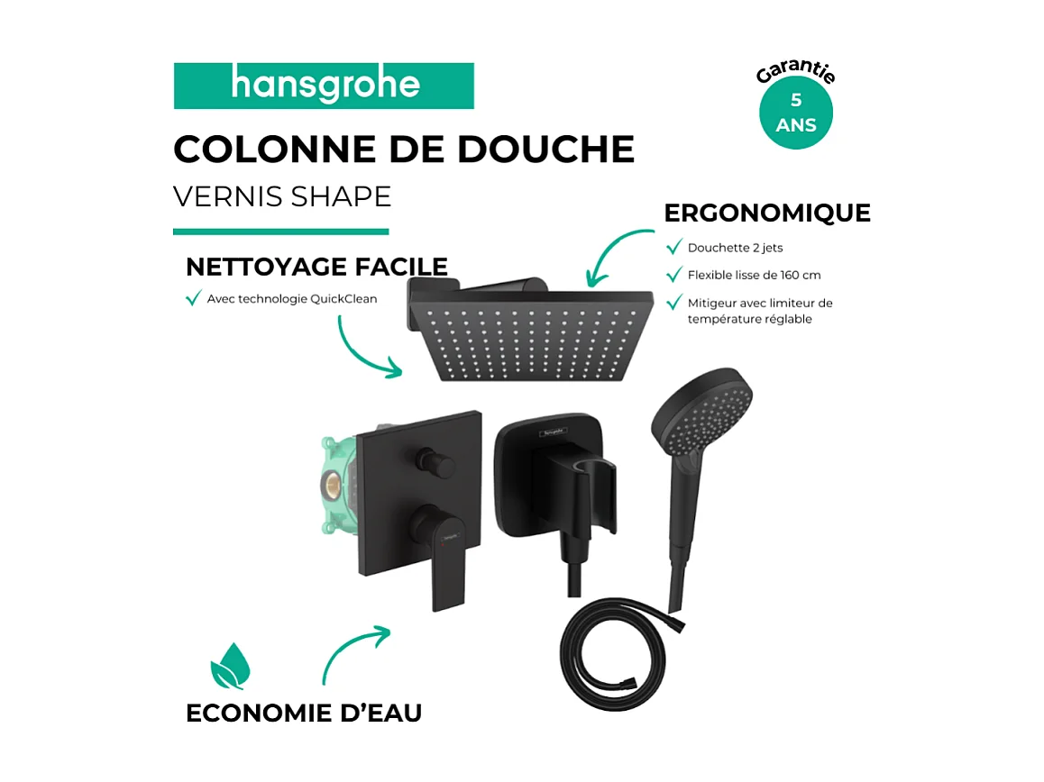 Colonne de douche encastrée mécanique HANSGROHE Vernis Shape Douche de tête Vernis Shape Flexible Isiflex Douchette Vernis noir