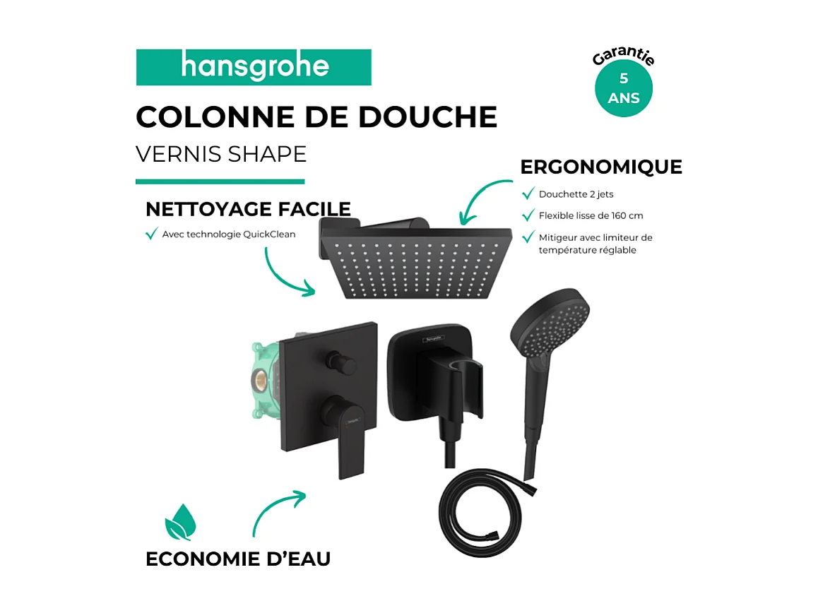 Colonne de douche encastrée mécanique HANSGROHE Vernis Shape Douche de tête Vernis Shape Flexible Isiflex Douchette Vernis noir