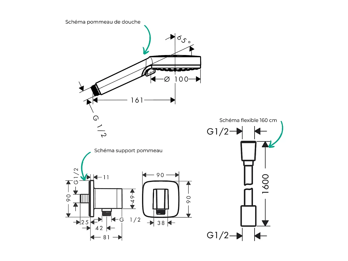 Colonne de douche encastrée mécanique HANSGROHE Vernis Shape Douche de tête Vernis Shape Flexible Isiflex Douchette Vernis noir
