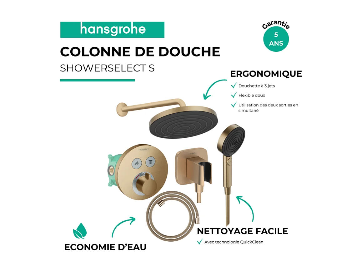 Colonne de douche encastrée thermostatique HANSGROHE ShowerSelect S Douche Pulsify Flexible Designflex Douchette Pulsify bronze