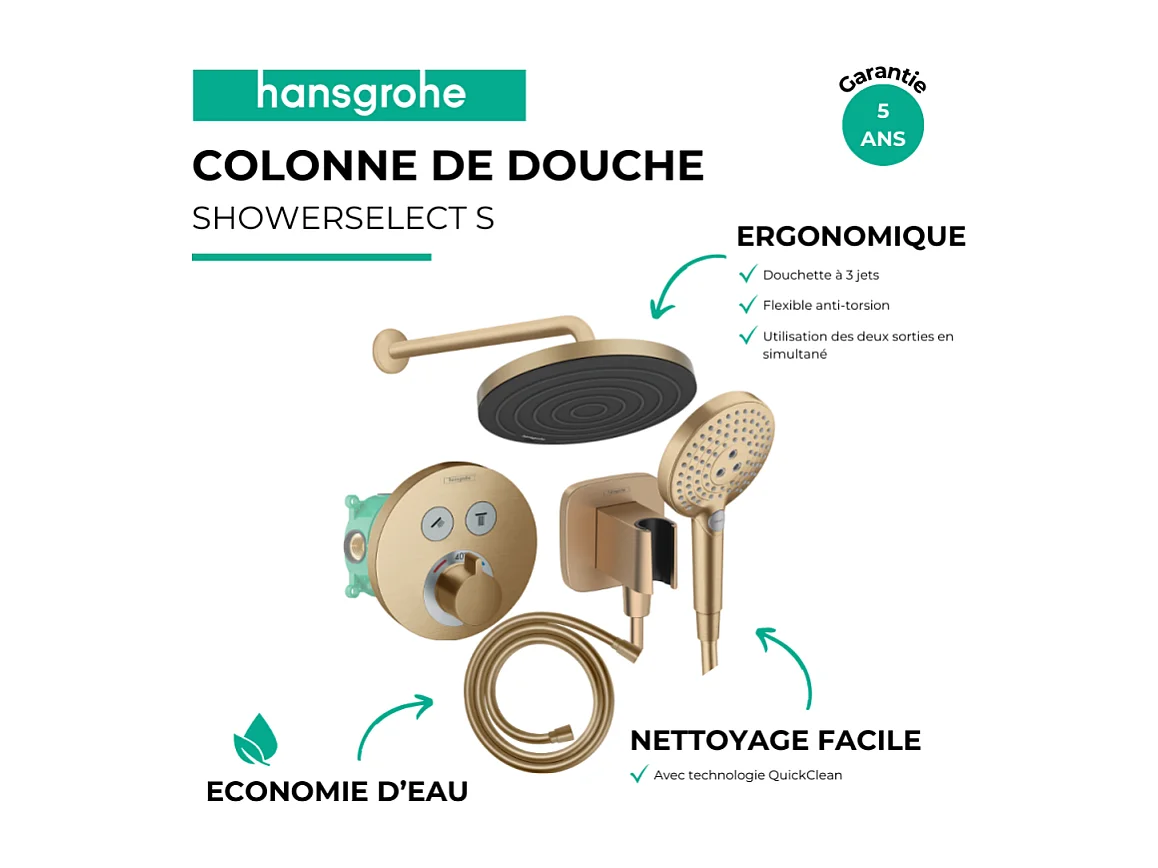 Colonne de douche encastrée thermostatique HANSGROHE ShowerSelect S Douche Pulsify Flexible Isiflex Douchette Raindance S bronze