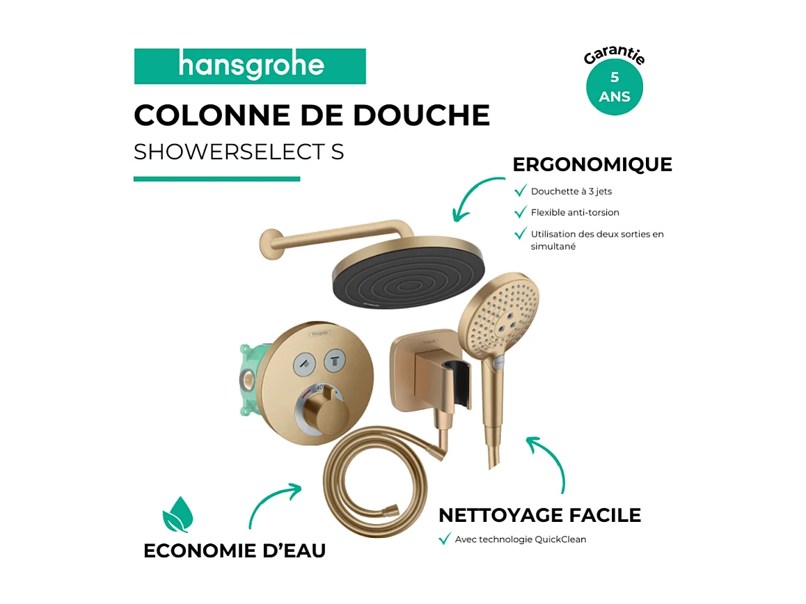 Colonne de douche encastrée thermostatique HANSGROHE ShowerSelect S Douche Pulsify Flexible Isiflex Douchette Raindance S bronze