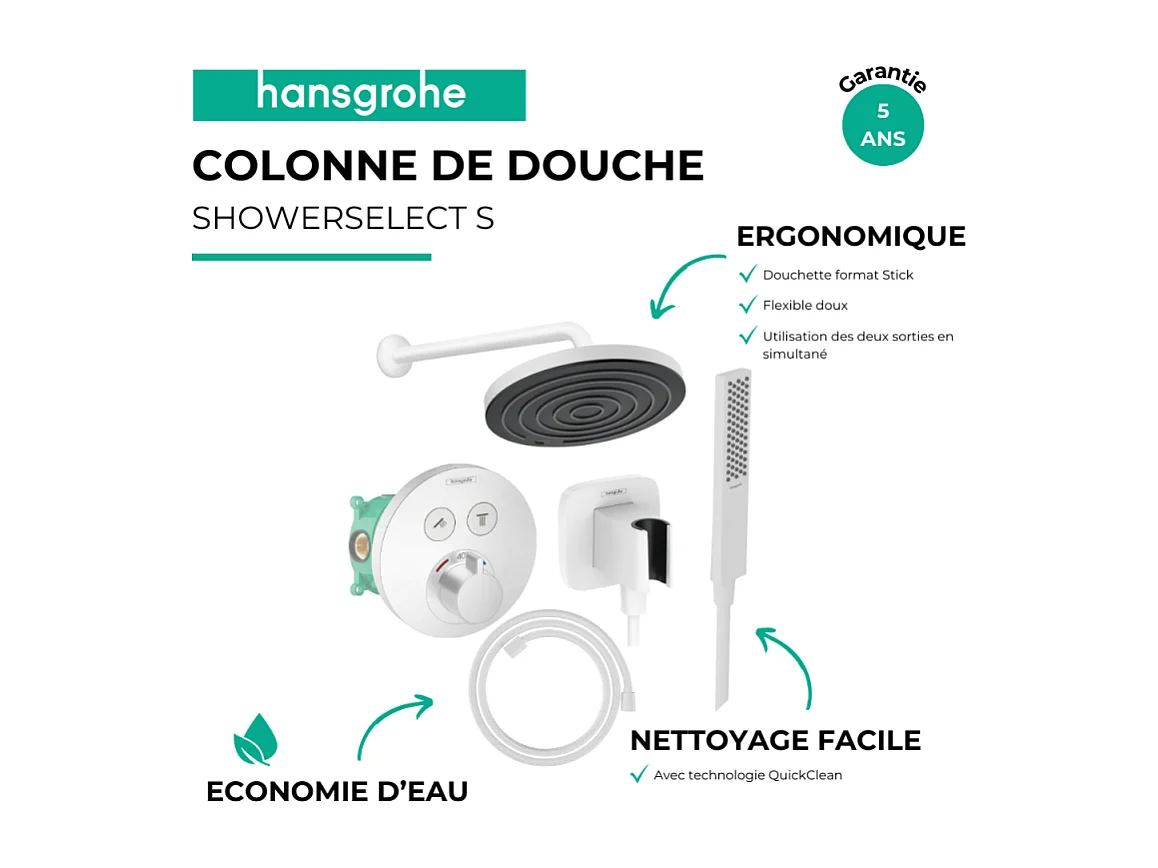 Colonne de douche encastrée thermostatique HANSGROHE ShowerSelect S Douche Pulsify Flexible Designflex Douchette Pulsify E  blanc
