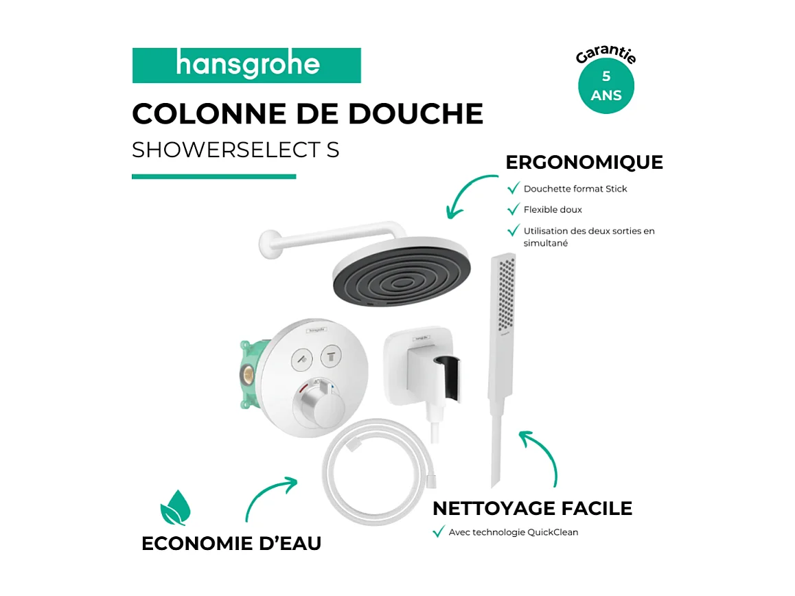 Colonne de douche encastrée thermostatique HANSGROHE ShowerSelect S Douche Pulsify Flexible Designflex Douchette Pulsify E  blanc