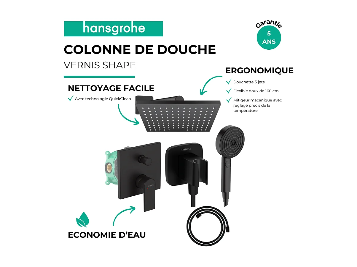 Colonne de douche mécanique HANSGROHE Vernis Shape Douche de tête Vernis Shape Flexible Designflex Douchette Pulsify noir