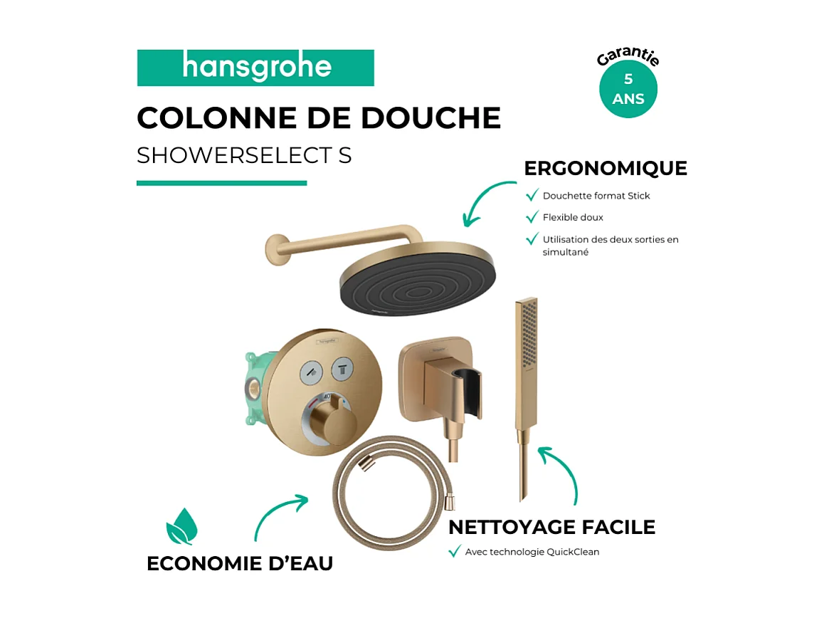 Colonne de douche encastrée thermostatique HANSGROHE ShowerSelect S Douche Pulsify Flexible Designflex Douchette Pulsify E  bronze