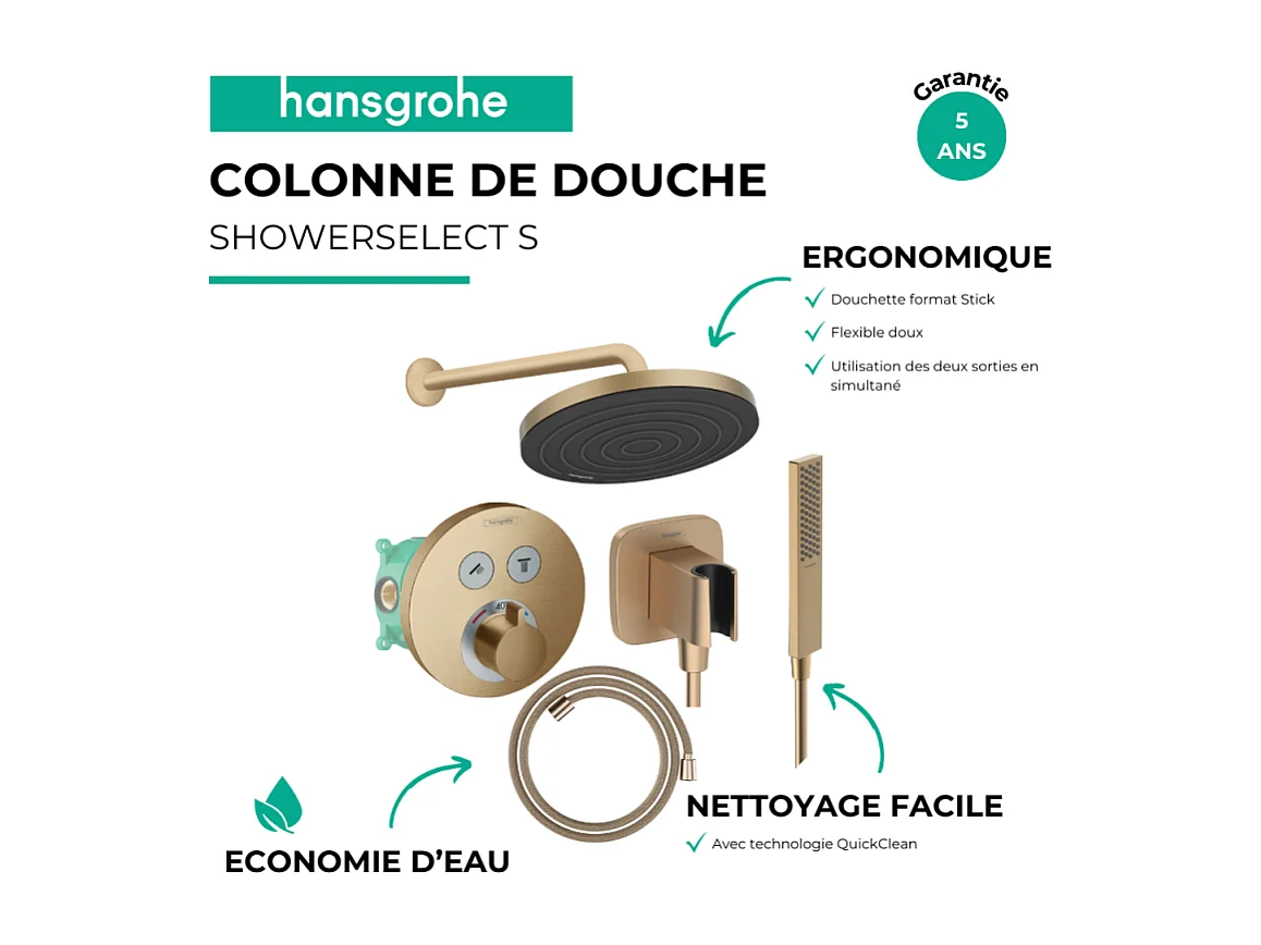 Colonne de douche encastrée thermostatique HANSGROHE ShowerSelect S Douche Pulsify Flexible Designflex Douchette Pulsify E  bronze