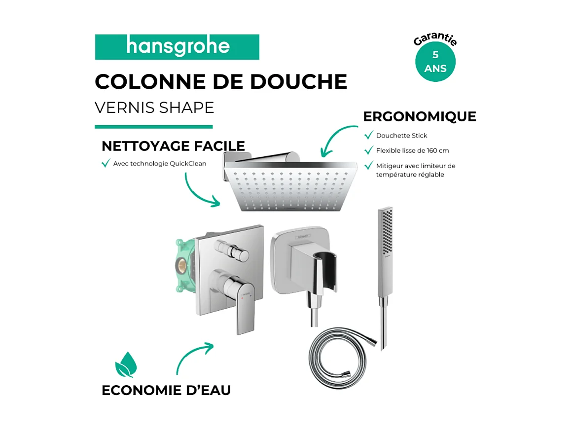 Colonne de douche encastrée mécanique HANSGROHE Vernis Shape Flexible Isiflex Douchette PulsifyE chromé