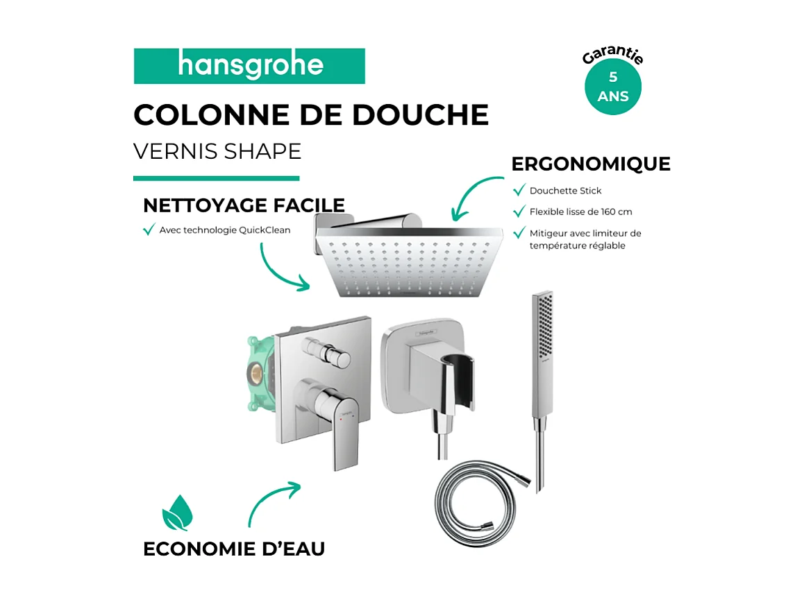 Colonne de douche encastrée mécanique HANSGROHE Vernis Shape Flexible Isiflex Douchette PulsifyE chromé