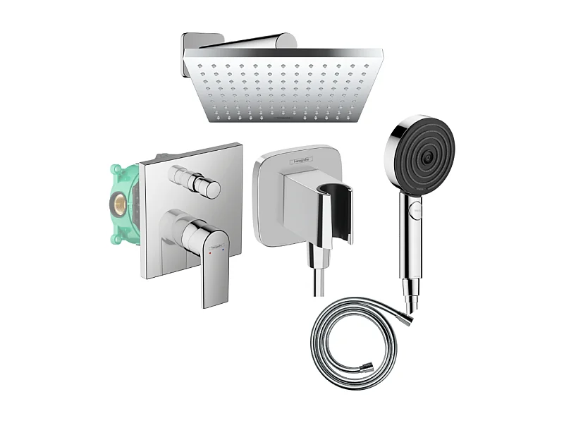 Colonne de douche encastrée mécanique HANSGROHE Vernis Shape Douche de tête Vernis Shape Flexible Isiflex Douchette Pulsify chromé