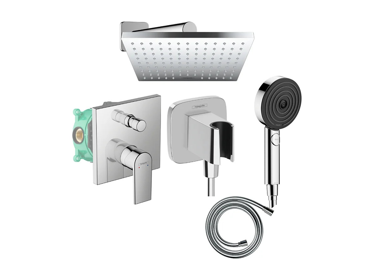 Colonne de douche encastrée mécanique HANSGROHE Vernis Shape Douche de tête Vernis Shape Flexible Isiflex Douchette Pulsify chromé