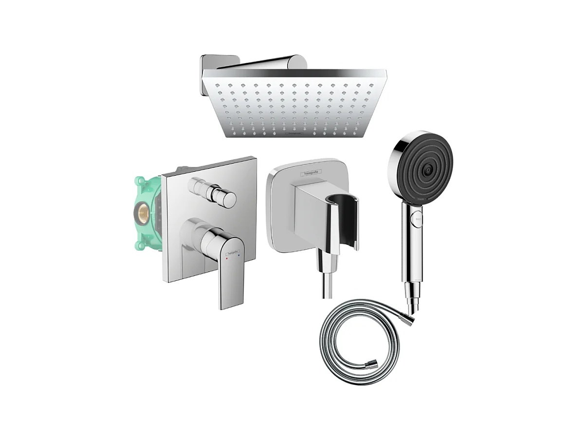 Colonne de douche encastrée mécanique HANSGROHE Vernis Shape Douche de tête Vernis Shape Flexible Isiflex Douchette Pulsify chromé