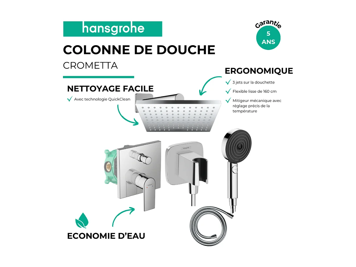 Colonne de douche encastrée mécanique HANSGROHE Vernis Shape Douche de tête Vernis Shape Flexible Isiflex Douchette Pulsify chromé