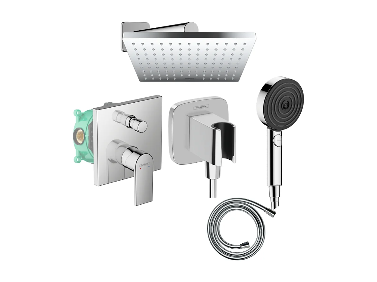 Colonne de douche encastrée mécanique HANSGROHE Vernis Shape Douche de tête Vernis Shape Flexible Isiflex Douchette Pulsify chromé