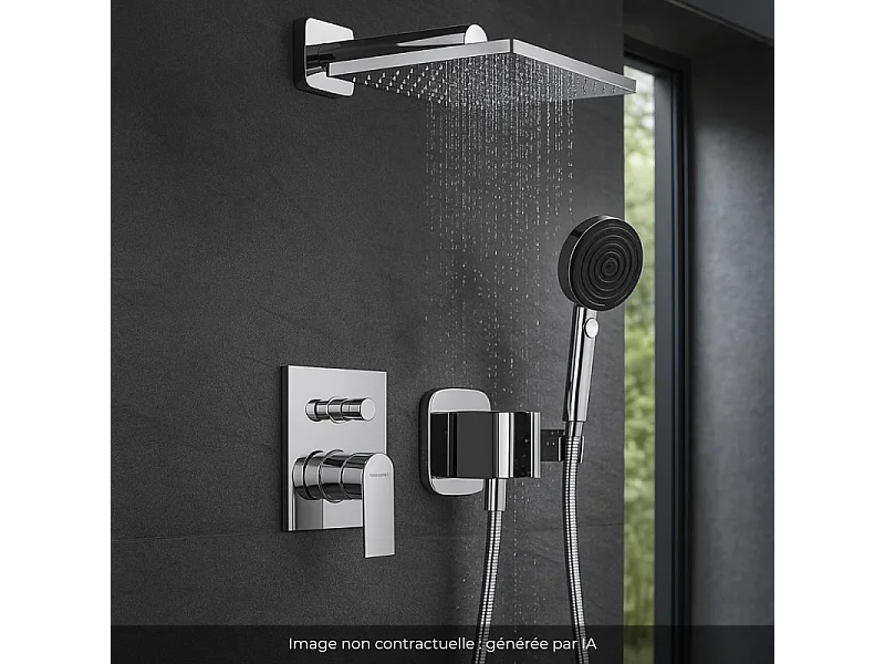 Colonne de douche encastrée mécanique HANSGROHE Vernis Shape Douche de tête Vernis Shape Flexible Isiflex Douchette Pulsify chromé