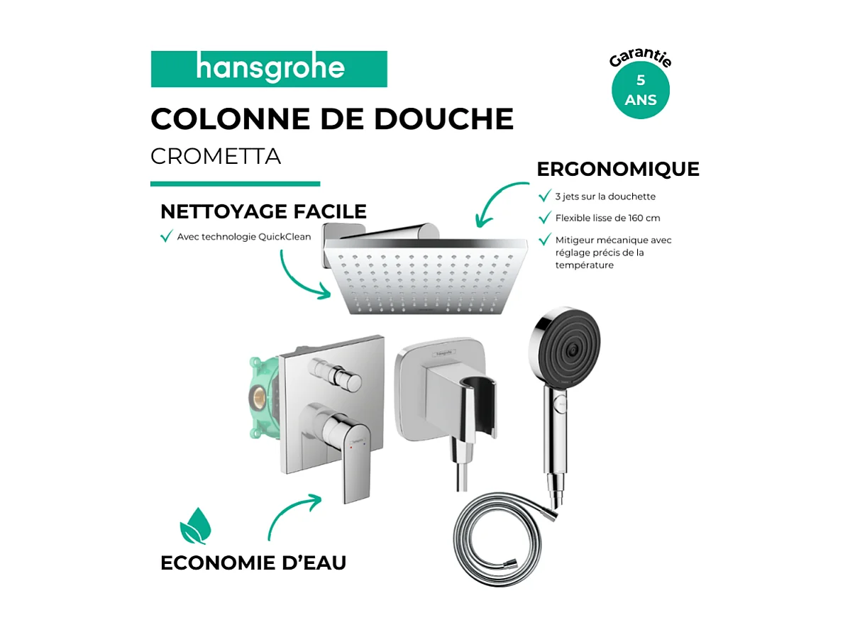 Colonne de douche encastrée mécanique HANSGROHE Vernis Shape Douche de tête Vernis Shape Flexible Isiflex Douchette Pulsify chromé