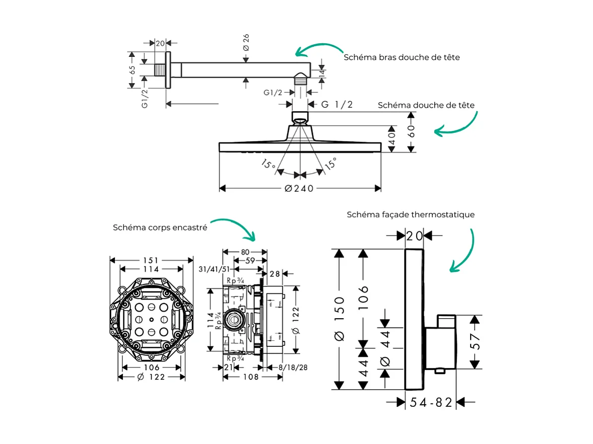 Colonne de douche encastrée thermostatique HANSGROHE ShowerSelect S Douche Crometta S Flexible Metaflex Douchette Crometta chromé